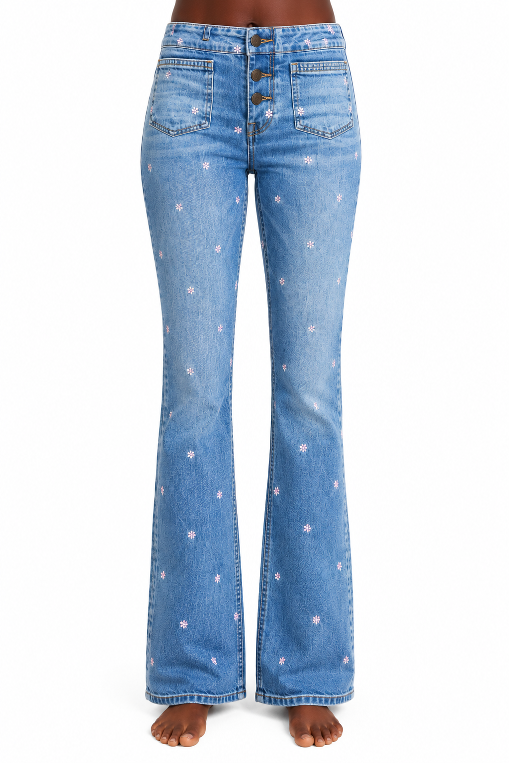 Maje - Jean bleu avec broderies florales roses