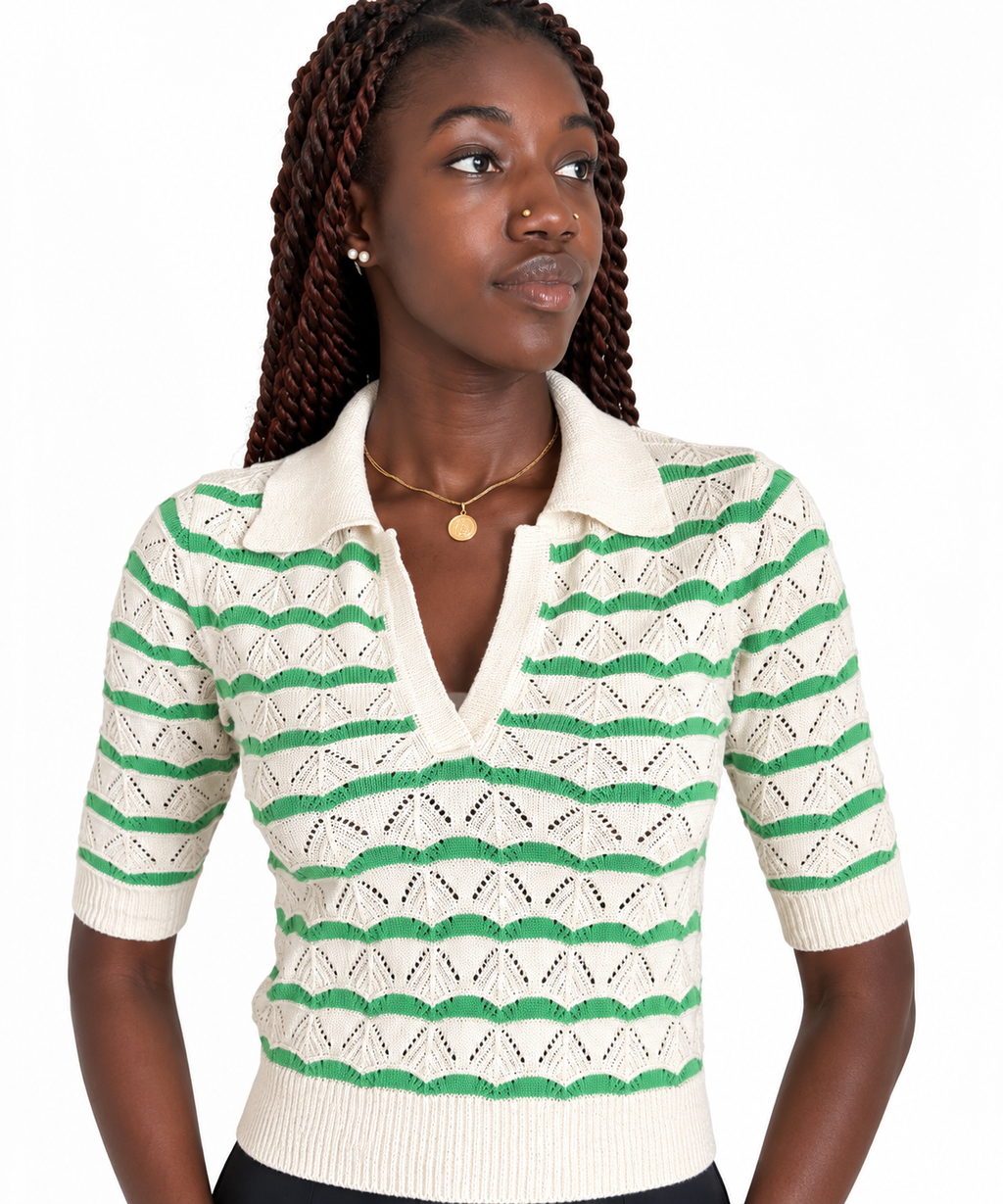 Sandro - pull polo en maille ajourée rayée vert et blanc
