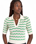 Sandro - pull polo en maille ajourée rayée vert et blanc