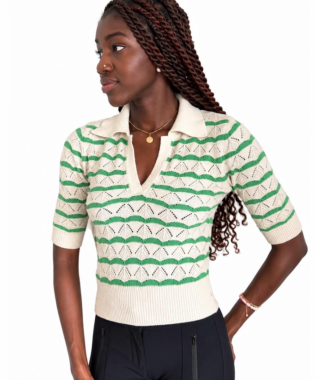 Sandro - pull polo en maille ajourée rayée vert et blanc