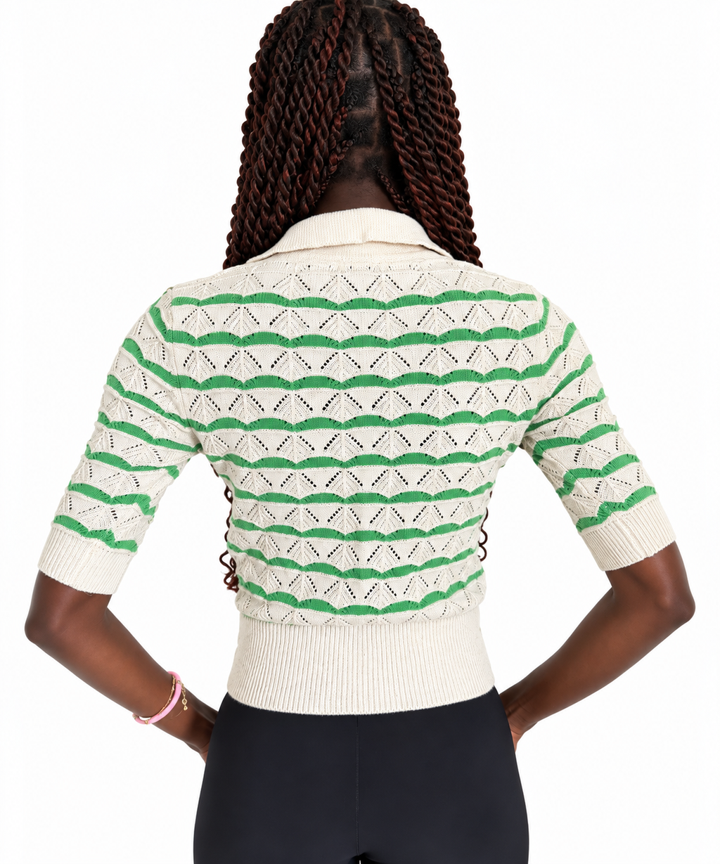 Sandro - pull polo en maille ajourée rayée vert et blanc