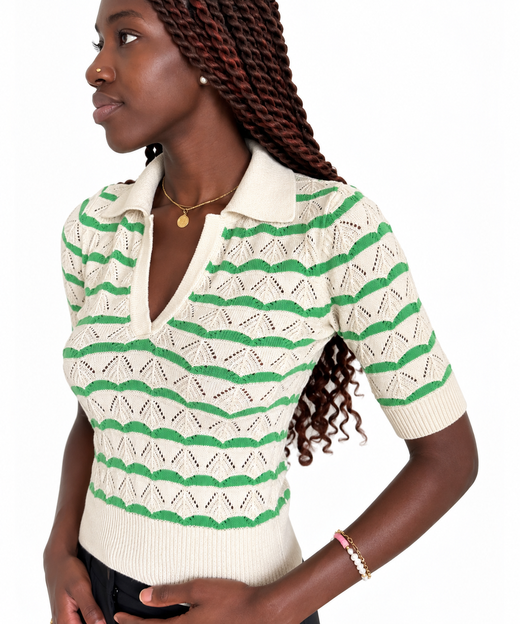 Sandro - pull polo en maille ajourée rayée vert et blanc