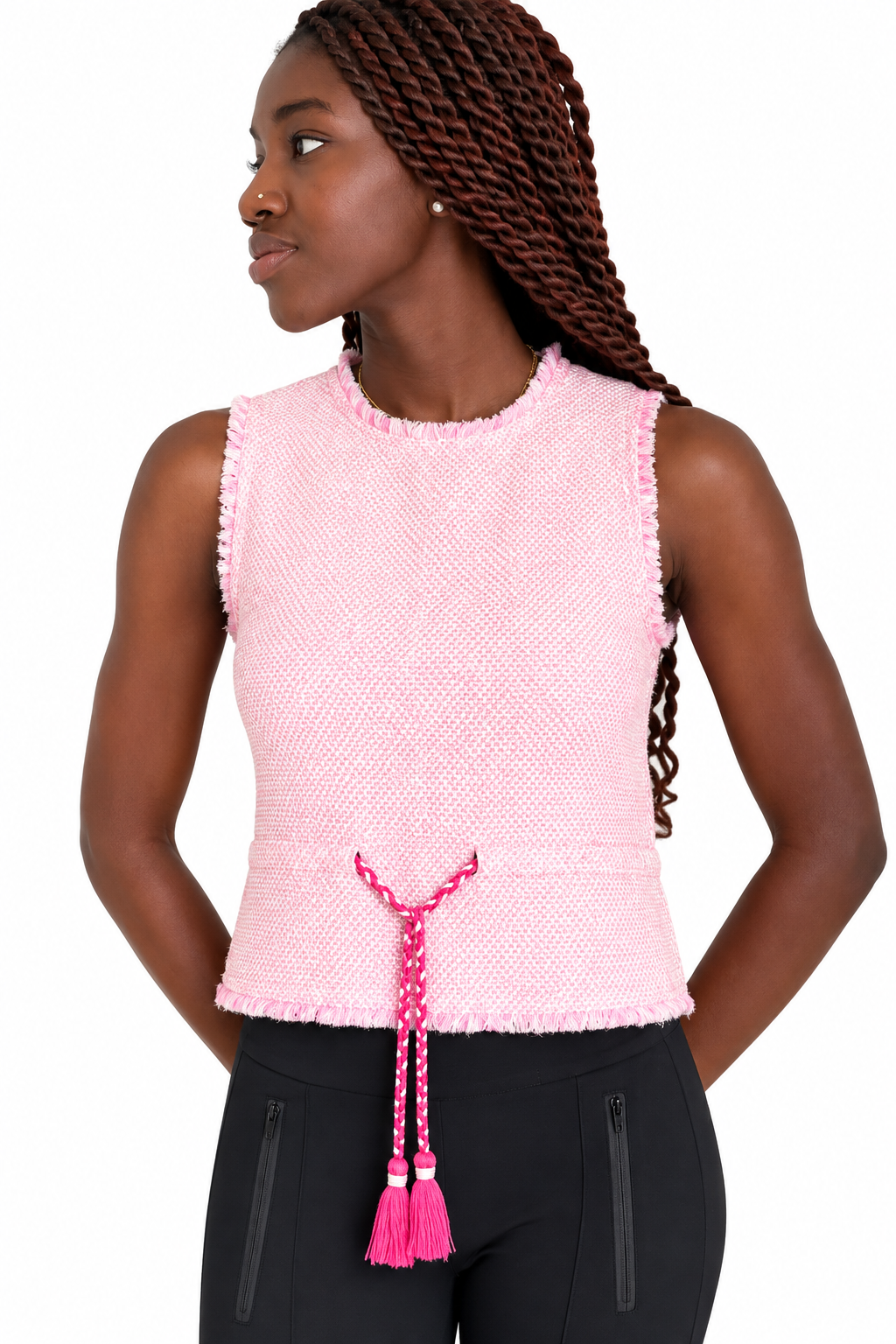 Maje - Top sans manches en tweed fin rose