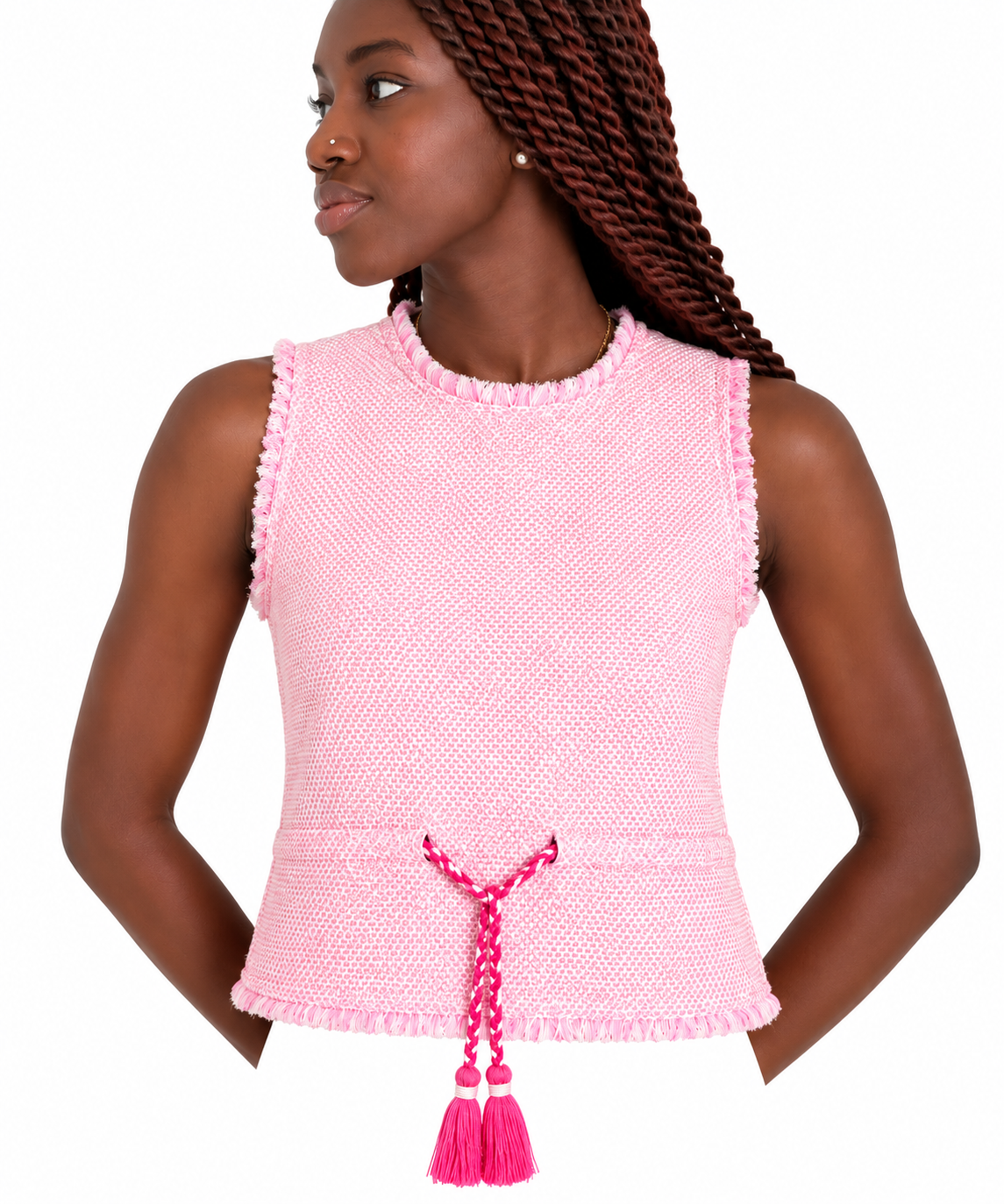 Maje - Top sans manches en tweed fin rose