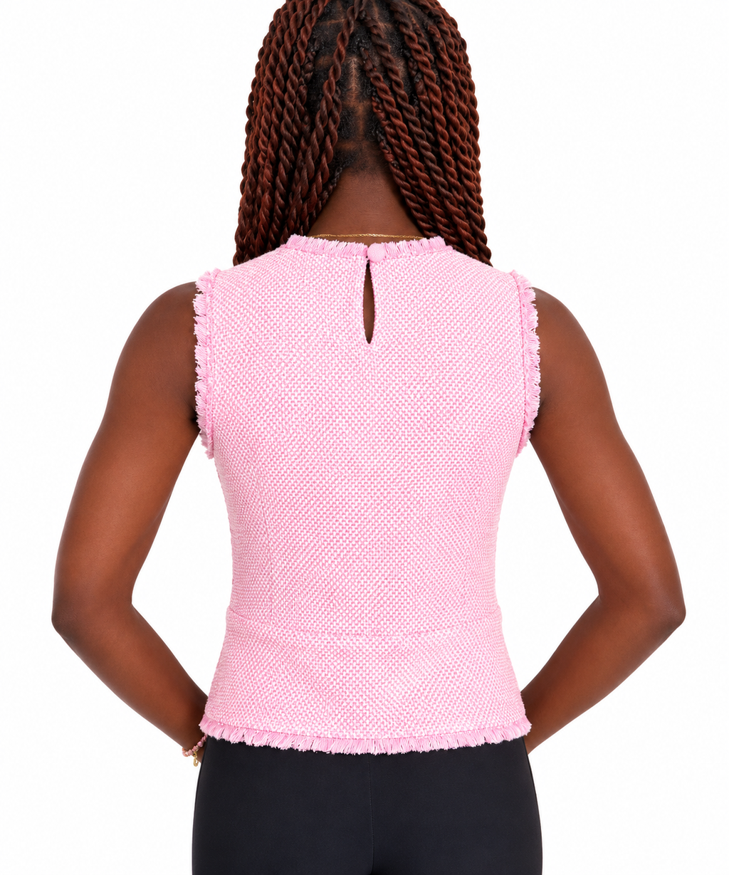 Maje - Top sans manches en tweed fin rose